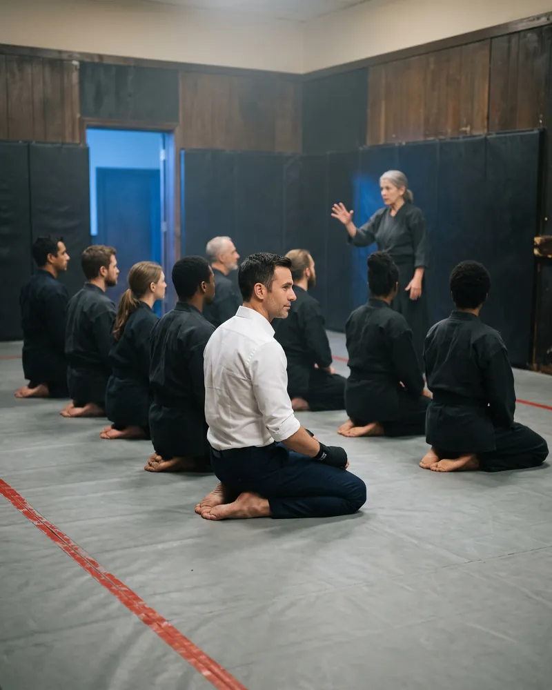 A martial-arts class sits on the mat listening to the sensei; one student in a white business shirt listens among them.